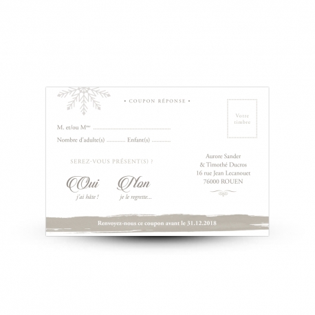 Carte réponse RSVP avec emplacement timbre mariage hivernal