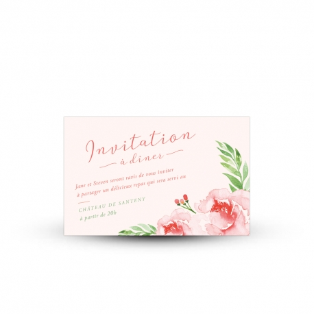Carte invitation repas Pivoine illustrée à l'aquarelle pour mariage bucolique