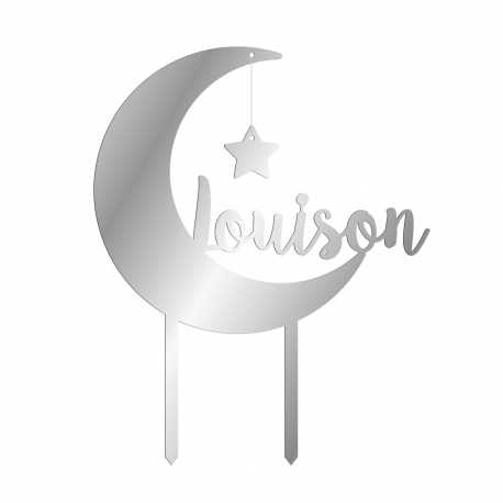 Cake topper plexiglas miroir argent anniversaire lune personnalisé