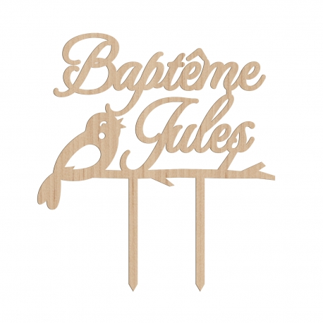 Cake topper baptême personnalisé calligraphie oiseau nature