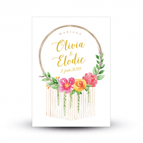 Faire-part mariage aquarelle Gipsy attrape-rêves et fleurs vitaminées