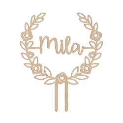 Cake topper personnalisé prénom couronne fleurie bois ou plexiglas