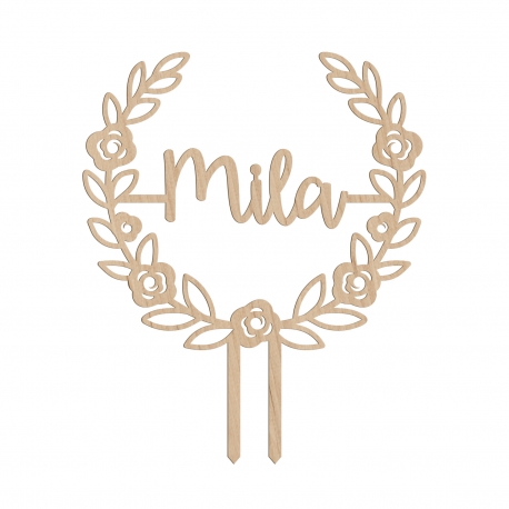 Cake topper personnalisé prénom couronne fleurie bois ou plexiglas