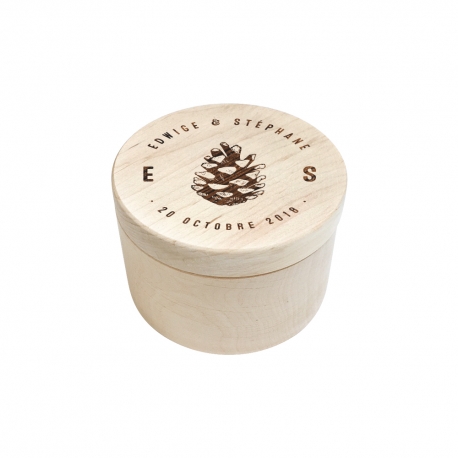 Boite à alliances ronde en bois personnalisée avec prénoms et date