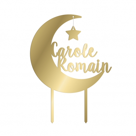 Cake topper mariage personnalisé lune plexiglas or