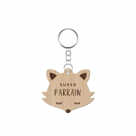 Porte-clé en bois personnalisé tête de renard Super Parrain Super Marraine