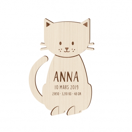 Faire-part naissance en bois forme chat