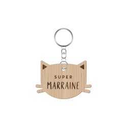 Porte-clé en bois super marraine tête de chat 