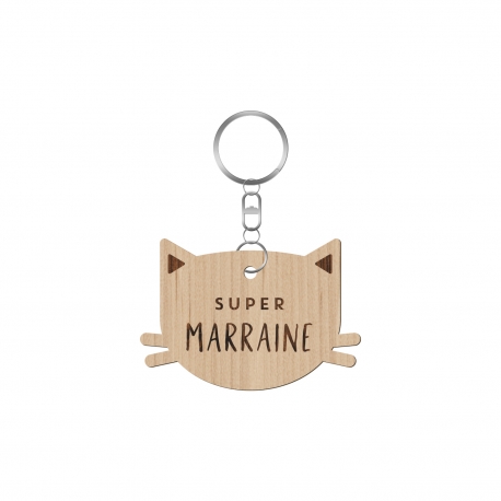Porte-clé en bois super marraine tête de chat 