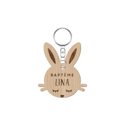 Porte-clé en bois tête de lapin baptême