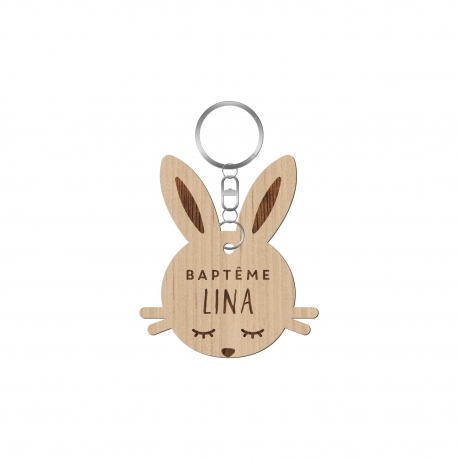 Porte-clé en bois tête de lapin baptême