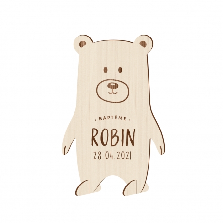 Faire-part baptême original modèle petit ours en bois