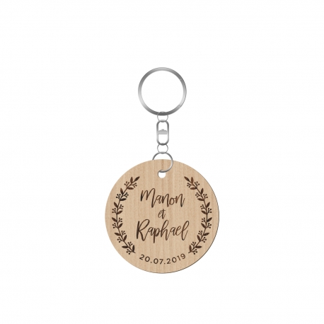 Porte-clé en bois personnalisé mariage champêtre fleuri