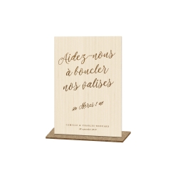 Présentoir en bois panneau urne Aidez-nous à boucler nos valises