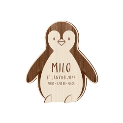 Faire-part naissance en bois original pingouin