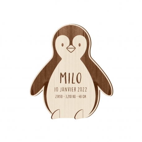 Faire-part naissance en bois original pingouin