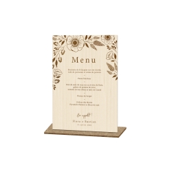 Menu mariage fleuri en bois en présentoir