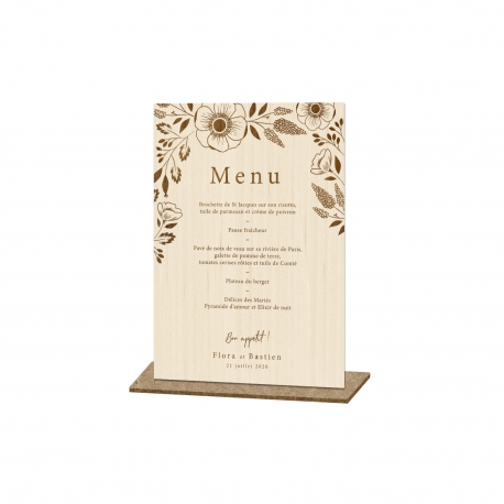 Menu mariage fleuri en bois en présentoir