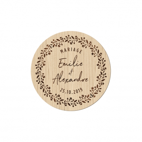 Magnet en bois personnalisé mariage couronne champêtre