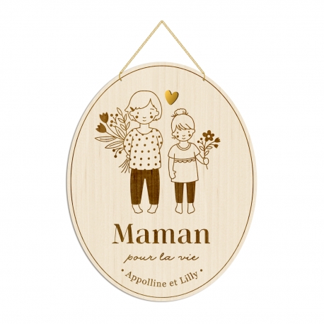 Médaille décorative en bois portrait filles, cadeau maman
