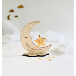 Faire-part naissance lune en bois et plexiglas miroir