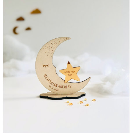 Faire-part naissance lune en bois et plexiglas miroir