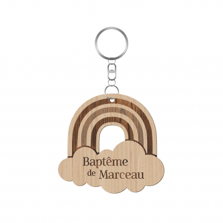 Cadeau original baptême arc-en-ciel, porte-clés en bois
