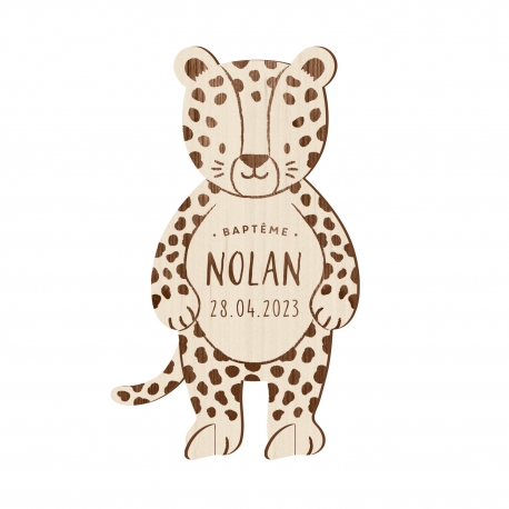 Faire-part baptême original en bois léopard