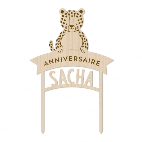 Cake topper en bois personnalisé anniversaire jungle léopard