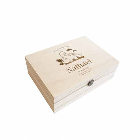 Coffret en bois personnalisé souvenirs de bébé thème dinosaure