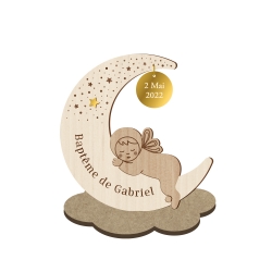 Faire-part baptême en bois original lune et son bébé