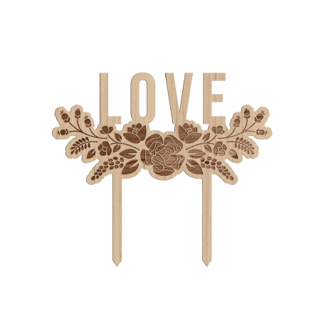 Cake topper en bois LOVE gravé fleuri pour mariage