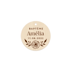 Étiquette ronde en bois fleurie cadeaux d'invités baptême