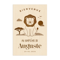 Panneau de bienvenue en bois personnalisé thème savane lion