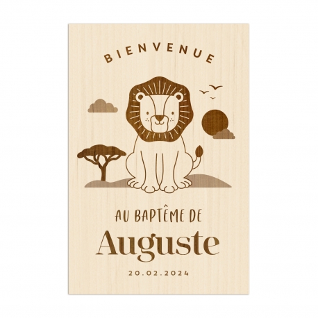 Panneau de bienvenue en bois personnalisé thème savane lion