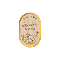Aimant personnalisé en bois baptême fleuri, magnet baptême