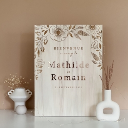 Panneau d'accueil mariage bois et plexiglas miroir rose gold