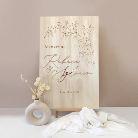 Panneau de bienvenue mariage fleuri, panneau d'accueil en bois
