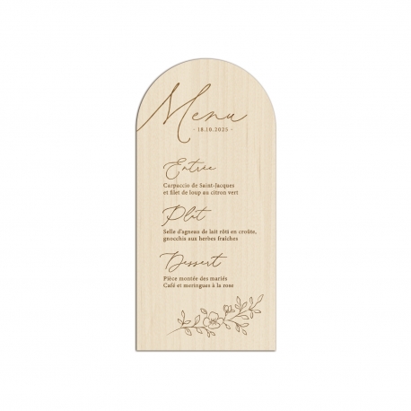 Menu mariage en bois, menu personnalisé fleuri