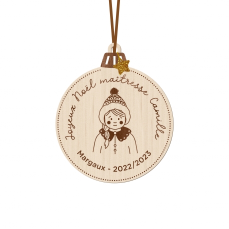 Boule de Noël en bois personnalisé cadeau maîtresse