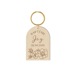 Porte-clé en bois personnalisé bapêtme fleuri