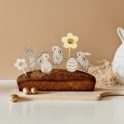 Cake topper en bois Pâques, lapins et oeufs