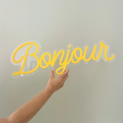 Enseigne décorative style néon Bonjour plexiglas jaune