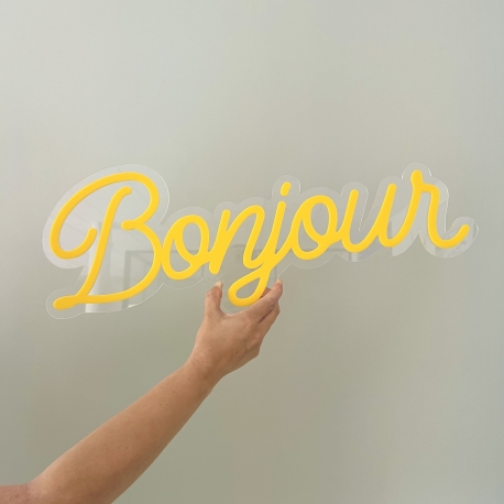 Enseigne décorative style néon Bonjour plexiglas jaune