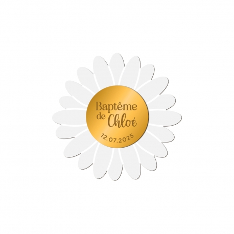Magnet Marguerite personnalisé plexiglas blanc, cadeaux d'invités baptême