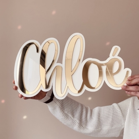 Prénom chambre enfant en plexiglas bi-matière blanc et miroir champagne