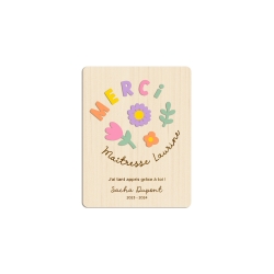 Carte de voeux en bois Fleurs en fête, cadeau maîtresse