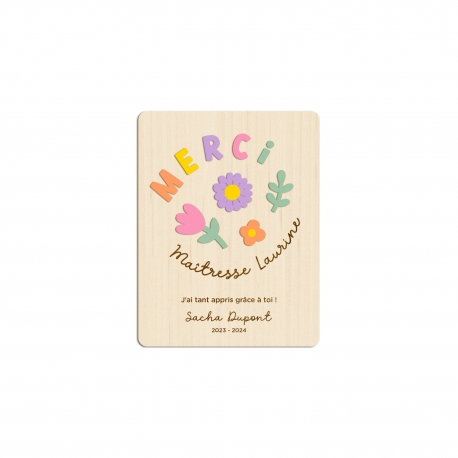 Carte de voeux en bois Fleurs en fête, cadeau maîtresse