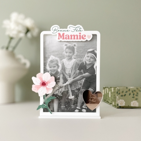 Joli cadre photo fleur rose à personnaliser, cadeau grand-mère