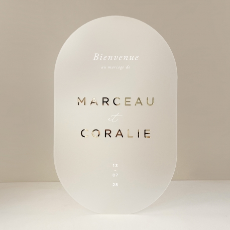 Panneau de bienvenue mariage minimaliste, panneau d'accueil blanc opale ovale